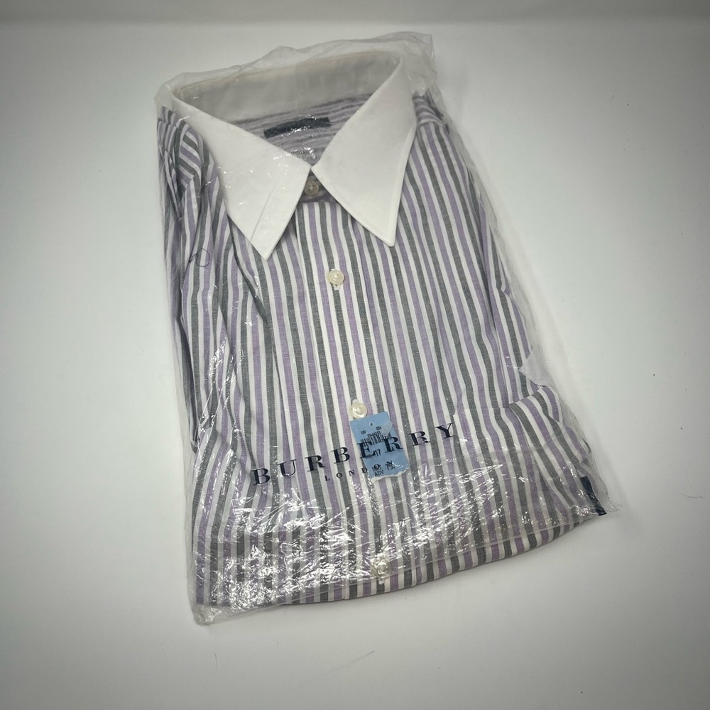 Burberry London Shirt Mens Size 17 / 34 Button Up Striped Purple Gray NWT